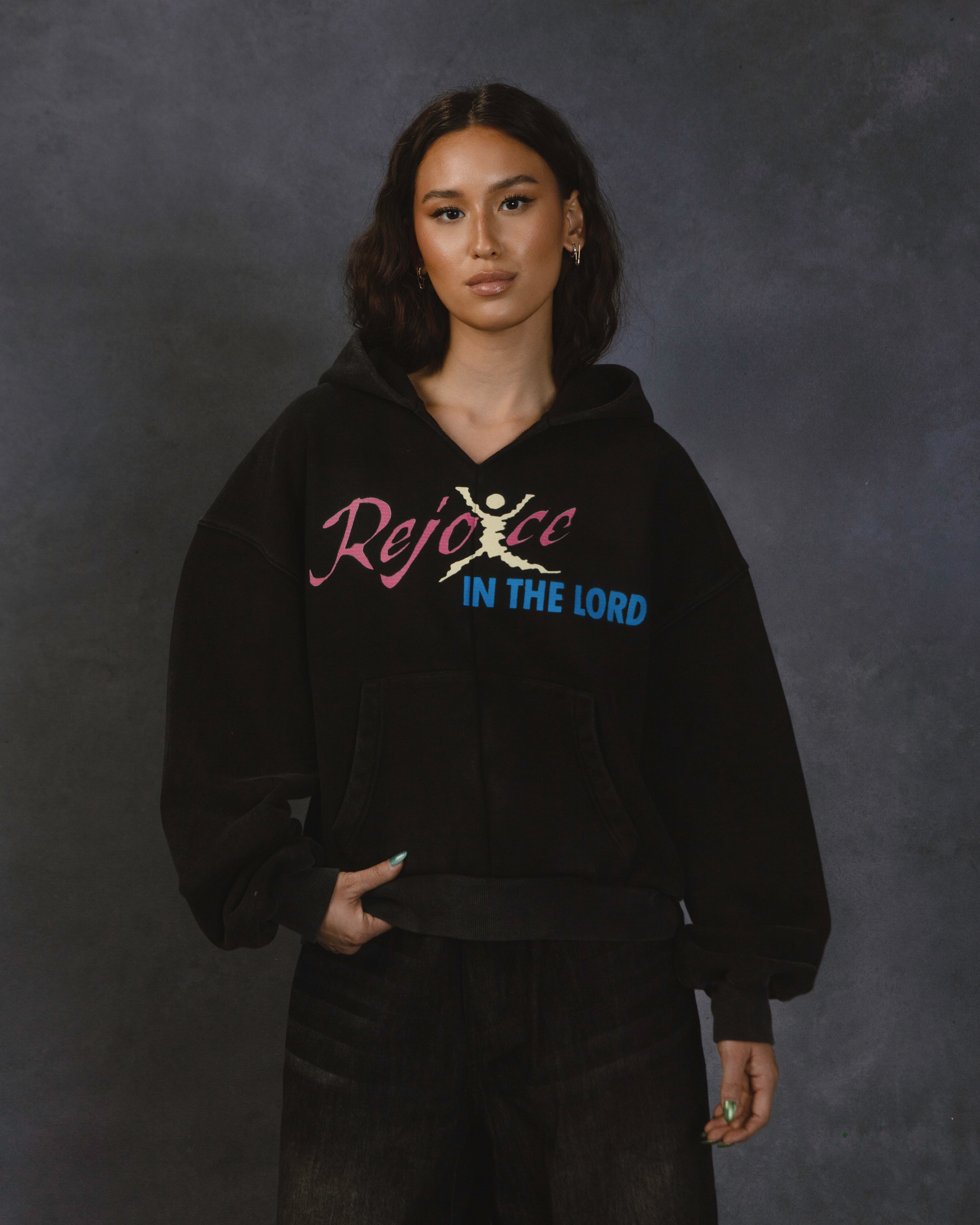 "REJOICE" MIDDLE STITCH HOODIE