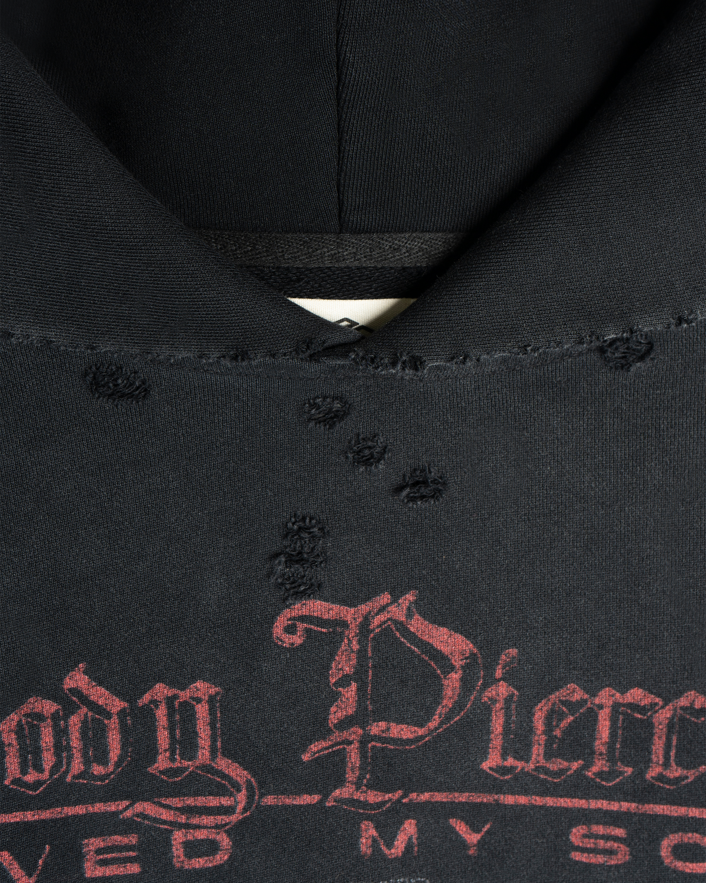 "BODY PIERCING" DISTRESSED HOODIE