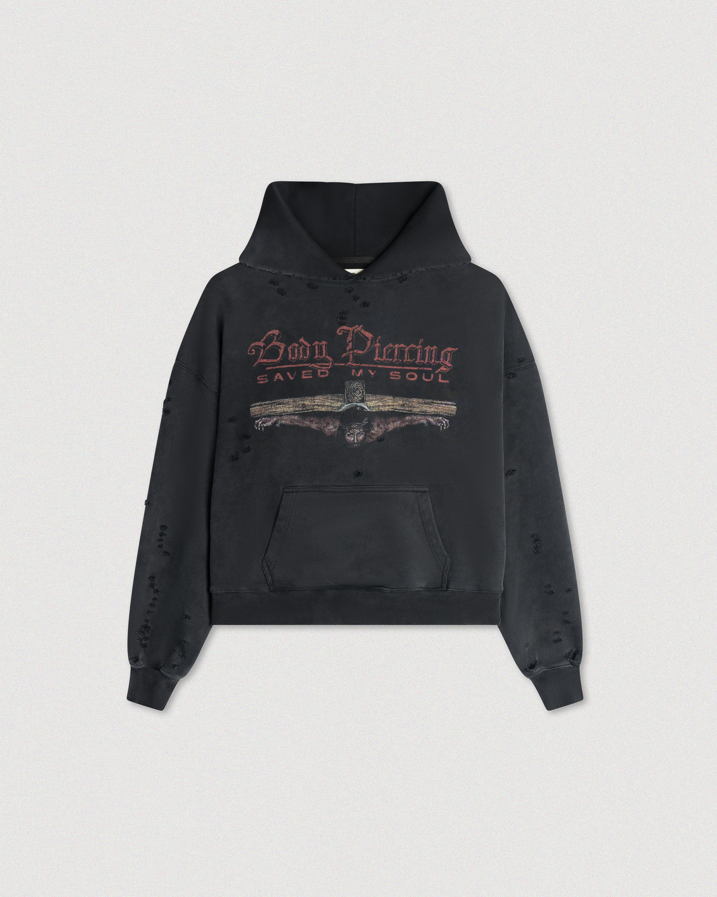 "BODY PIERCING" DISTRESSED HOODIE