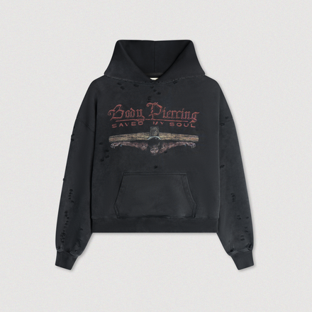 "BODY PIERCING" DISTRESSED HOODIE
