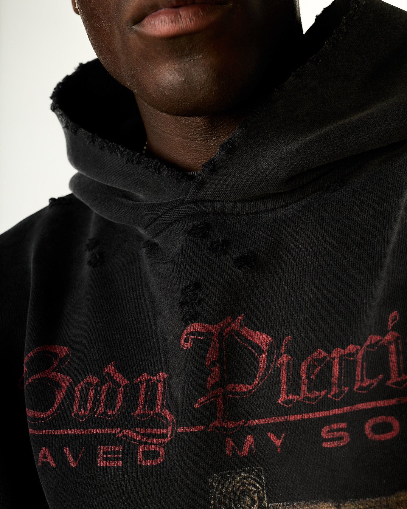 "BODY PIERCING" DISTRESSED HOODIE