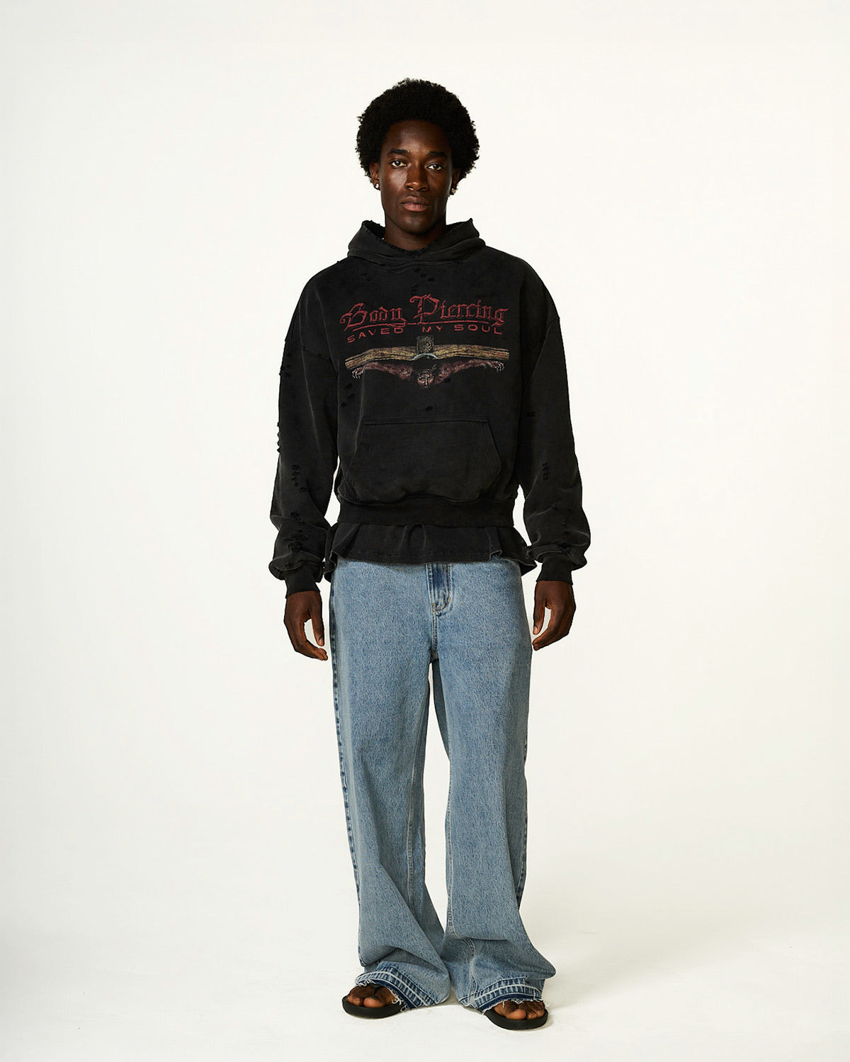 "BODY PIERCING" DISTRESSED HOODIE